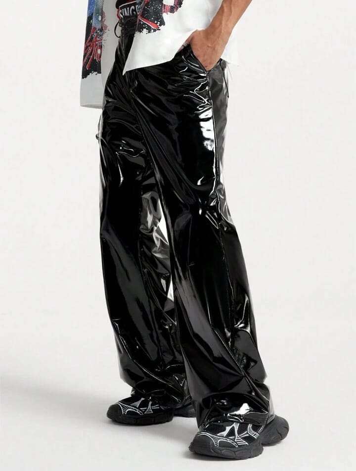 Men's 4 Way Stretch Reflective Wide, Loose Woven Trousers, Plain Baggy Flare Trousers